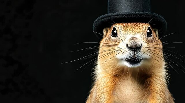 Small brown squirrel wearing a top hat. The image has a whimsical and playful mood. The squirrel's top hat adds a touch of humor and charm to the scene