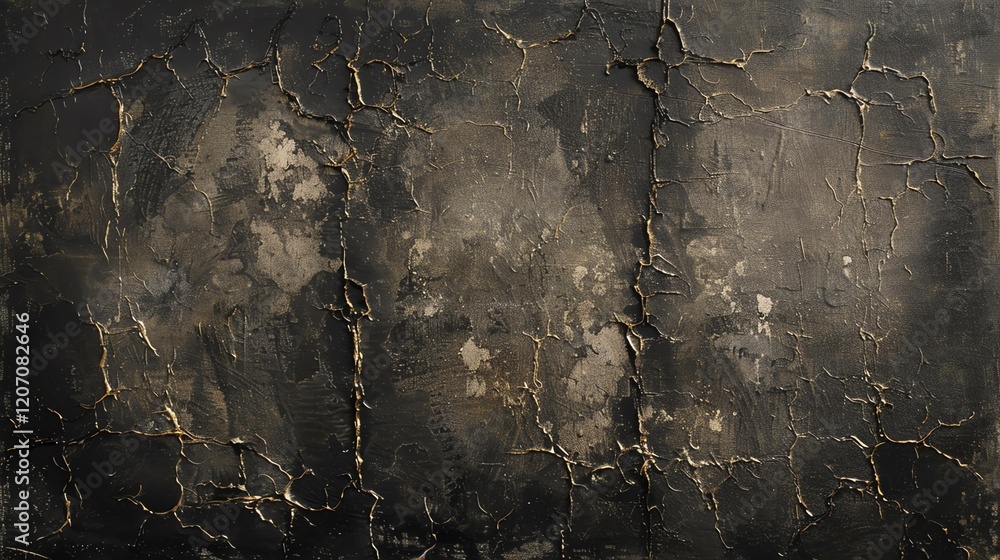 Poster abstract painting with a textured surface and cracks. the painting is made with dark colors and has 