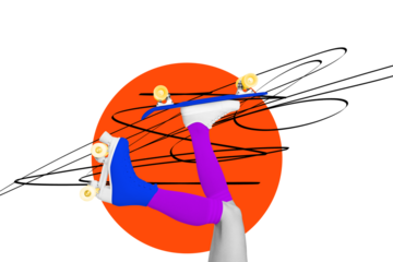 Composite trend artwork sketch image 3D photo collage of vibrant color young sportswoman model wear spots clothes roller skates ride