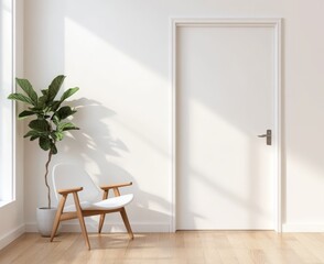 Minimalist room interior with white chair, potted plant, and door.