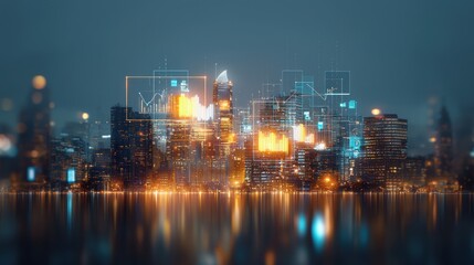 Investment charts and infrastructure development in a futuristic cityscape digital overlay visualization urban environment nighttime viewpoint economic growth concept