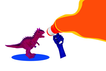 Collage 3d pinup pop retro sketch image of small dino screaming bullhorn isolated neon painting...