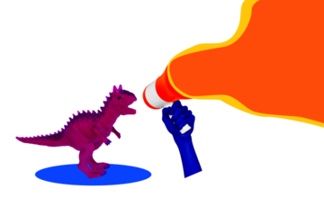 Collage 3d pinup pop retro sketch image of small dino screaming bullhorn isolated neon painting background