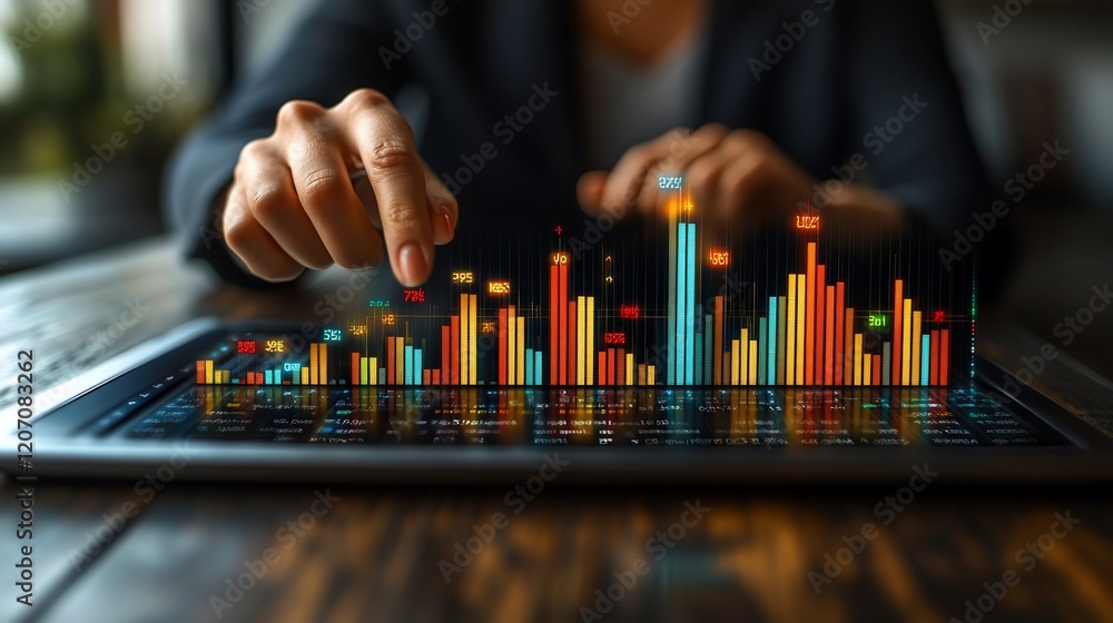 Poster close-up of hands interacting with a digital tablet displaying financial charts.