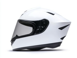 White motorcycle helmet with clear visor, side view, isolated on white.