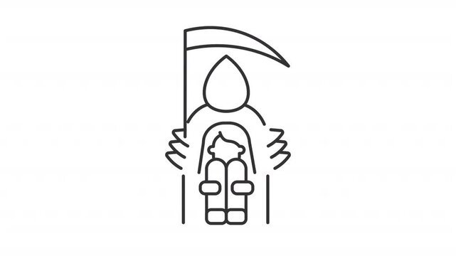Fear of death line animation. Woman overshadowed by reaper holding scythe animated icon. Thanatophobia. Black illustration on white background. HD video with alpha channel. Motion graphic
