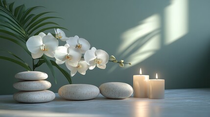 of white orchid flowers, stacked smooth stones, and flickering candles, set against a calming soft green background