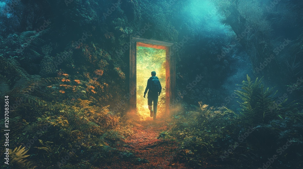 Poster a man is walking through a forest and there is a door in the middle of the path