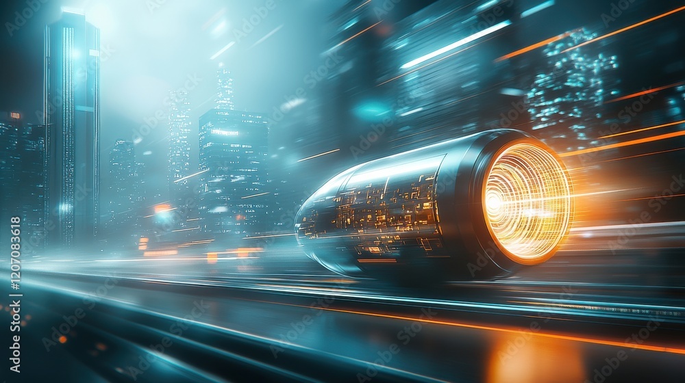 Poster hyperloop transportation system demonstrating gigantic speed in futuristic urban landscape high-tech