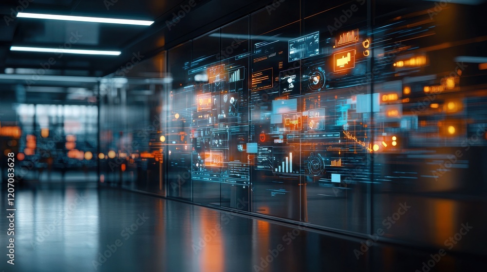 Aufkleber futuristic cyber command center analysis high-tech facility digital visualization urban environment 