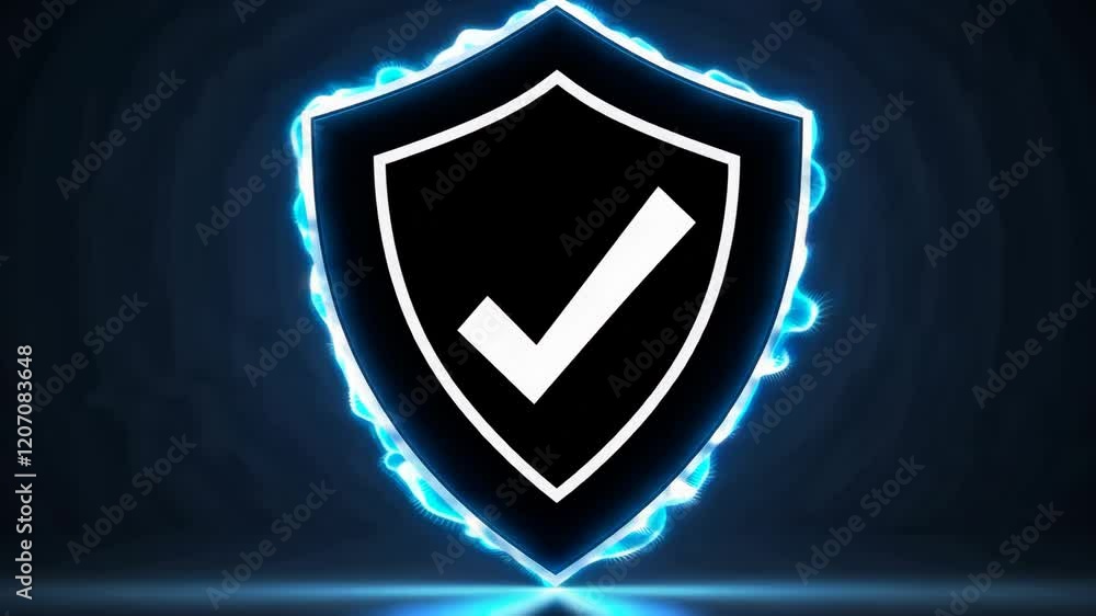 Poster Security shield with check mark, glowing blue outline on dark background. Cybersecurity and protection concept