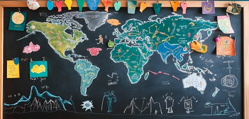 A chalkboard with geography maps drawn and colorful diagrams pinned around it