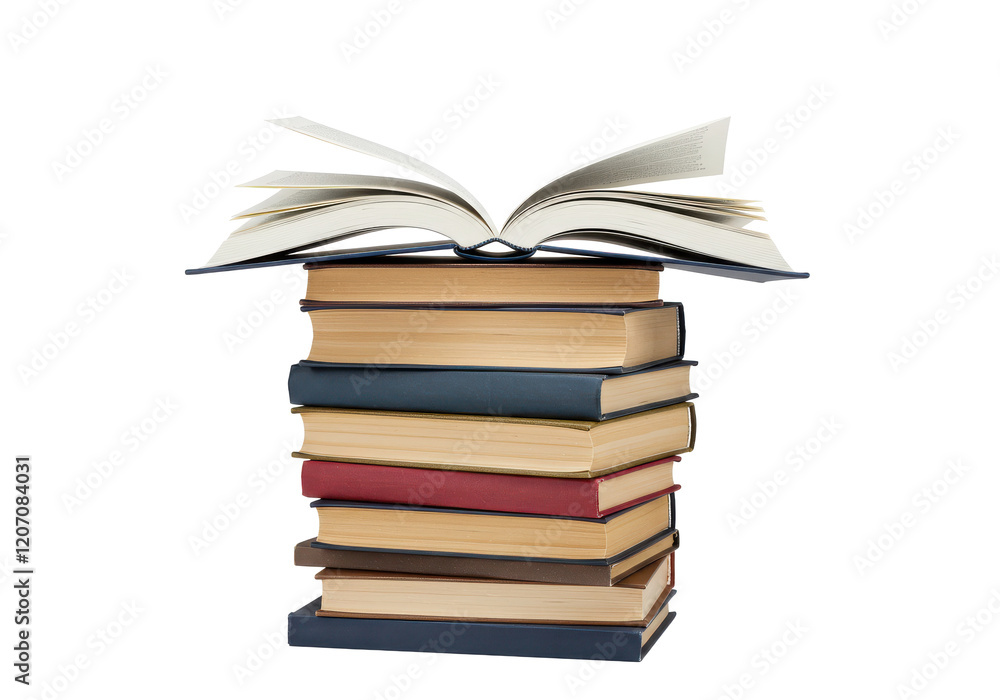 Poster stack of books with one open on top, isolated on white background