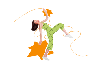 Composite collage picture image of childish beautiful funny funky woman have fun dancing enjoy bachelorette party disco painting background