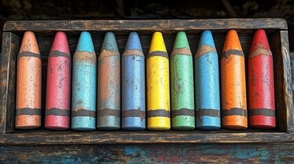 Antique Crayons Box, Rustic Wooden, Colorful, Worn, Art Supplies