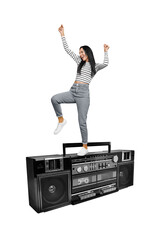 Collage 3d image of pinup pop retro sketch of happy dancing student raise hands stand big retro vintage boombox tape recorder have fun