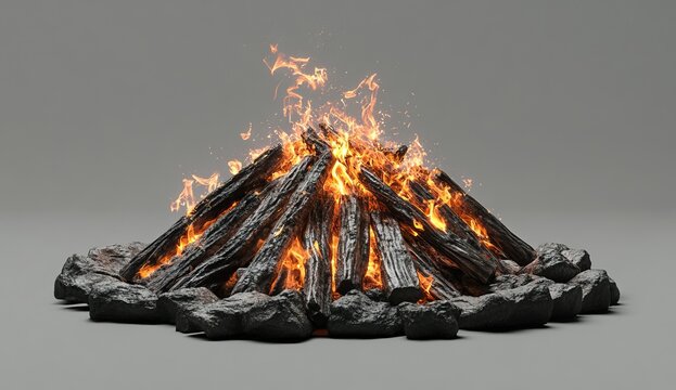 A large bonfire with burning wood logs and rocks on a grey background.