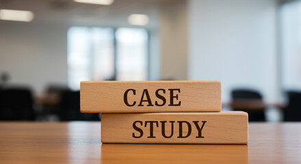 Two light brown wooden blocks stacked on a wooden surface display "Case" and "study" in sans-serif font, ideal for research or business themes.