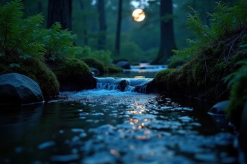 A small stream reflecting the moonlight, surrounded by ferns and mossy rocks in a quiet forest. The soft sound of water flows gently through the still night
