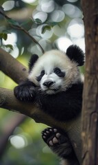 Obraz premium Cute panda animal background with view of the wild forest and tree Generate AI