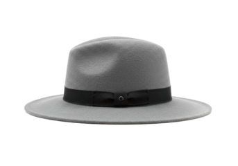 Classic gray fedora hat with black band, isolated on white background