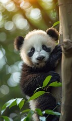 Obraz premium Cute panda animal background with view of the wild forest and tree Generate AI