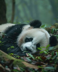 Obraz premium Cute panda animal background with view of the wild forest and tree Generate AI