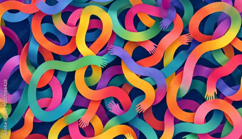 Poster colorful abstract design featuring intertwined shapes and hands that represent unity and connection 