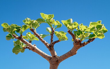 Young tree branch with vibrant new leaves against a clear blue sky.