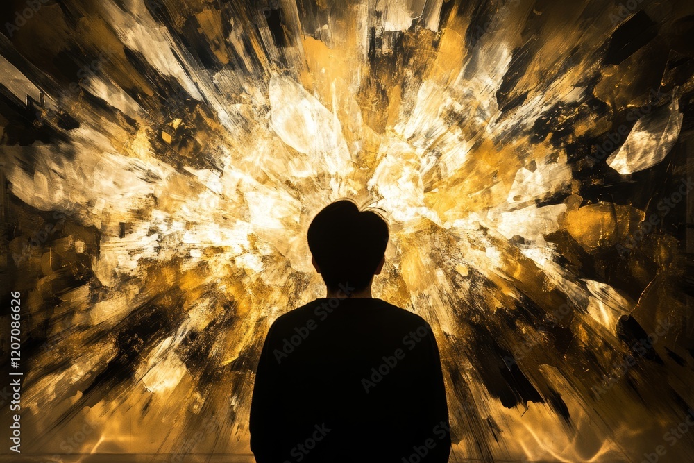 Canvas Prints a man is standing in front of a painting of a yellow explosion
