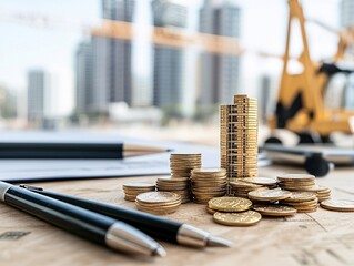 Condominium loan estate investment concept. Close-up of stacked coins and pens on a wooden surface, with construction cranes and buildings in the background, symbolizing finance and investment.