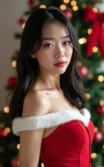 Festive Beauty in Santa Outfit Generative AI