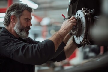 Mechanic repairing brake system in auto shop during daylight hours