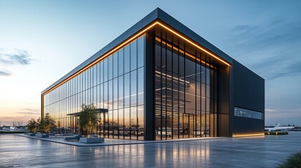 modern logistics warehouse with a minimalist architectural design, featuring a large loading dock area with multiple rolling doors