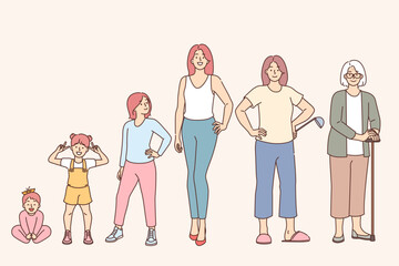 Life cycle of woman transforms from little baby to grown lady and gray-haired grandmother