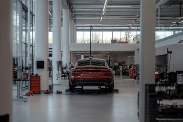 Modern auto repair shop interior with car on lift and well-organized workspace