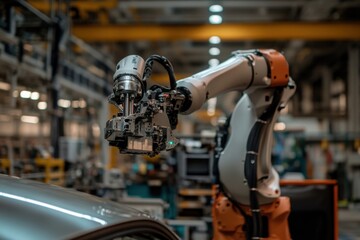 Obraz premium Robotic arm installing new part in advanced manufacturing facility under bright industrial lights