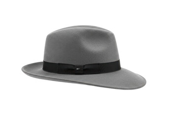 Classic gray fedora hat with black band, isolated on white background