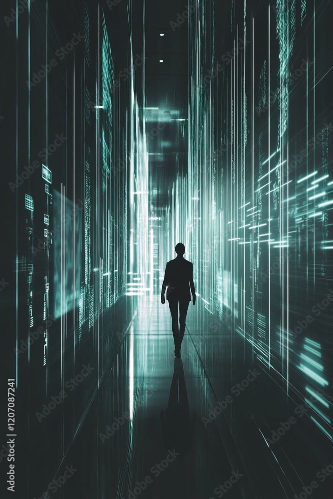 Poster abstract silhouette in dark space with data flow representations