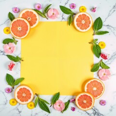 Bright Citrus and Floral Flatlay Composition on Marble with Copy Space