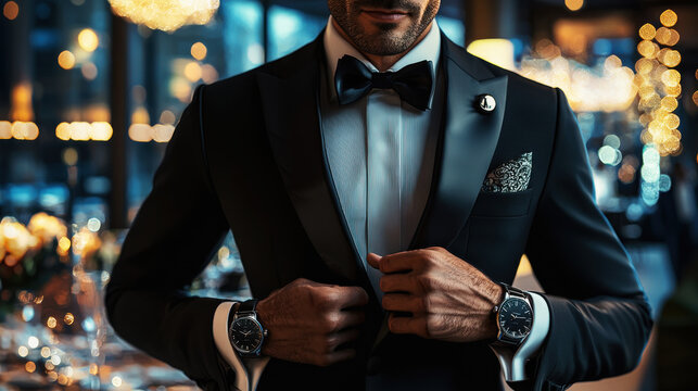 Elegant man in a modern tuxedo prepares for an evening event in a sophisticated restaurant setting with ambient lighting