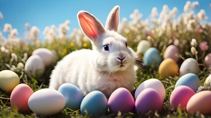  A fluffy white bunny surrounded by colorful Easter eggs in a grassy field with blooming wildflowers, sunlight casting soft shadows.
