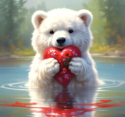 Illustration of fluffy bear with red heart.