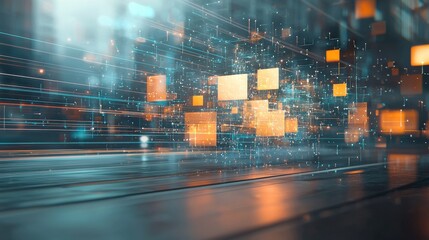 Dynamic office transformation geometric visualization of a traditional workspace enveloped in digital light urban setting abstract art futuristic perspective