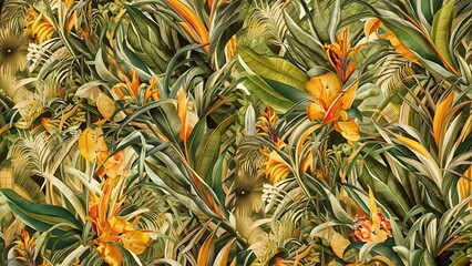 Obraz premium Seamless tropical pattern with palm leaves for fabric design and other uses.