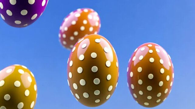 Group of purple eggs with white polka dots are floating in the air. The eggs are scattered in different directions, creating a sense of movement and playfulness. The scene evokes a feeling of joy