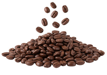 Obraz premium Pile of roasted coffee beans with a few beans falling from above, isolated on white background