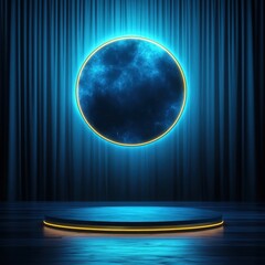 Neon Glowing Circle and Product Display Platform on Dark Blue Stage