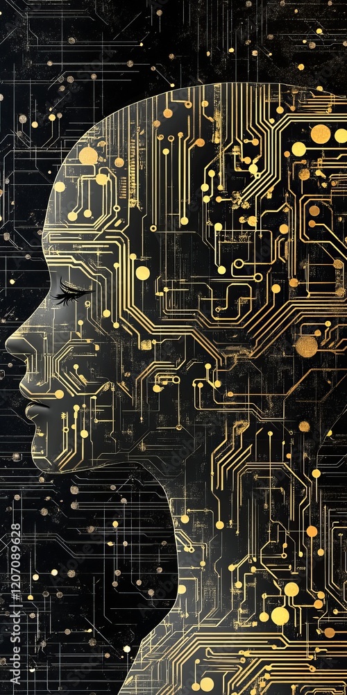 Poster profile silhouette with digital circuit technology on plain background