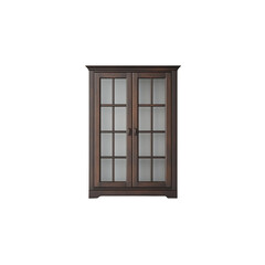 Obraz premium Modern, simple and elegant solid wood cabinet with double doors and frosted glass window on the front. The color is dark brown against a white background